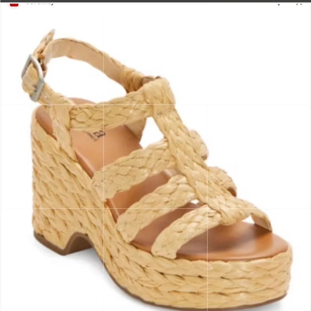 NWT-ANA-9.5-Merlin natural wedge-braided Raffia, straps, buckle, platform shoe.